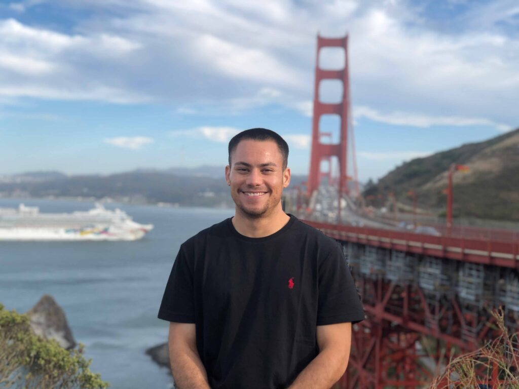 Chuy next to the Golden State Bridge in San Francisco
