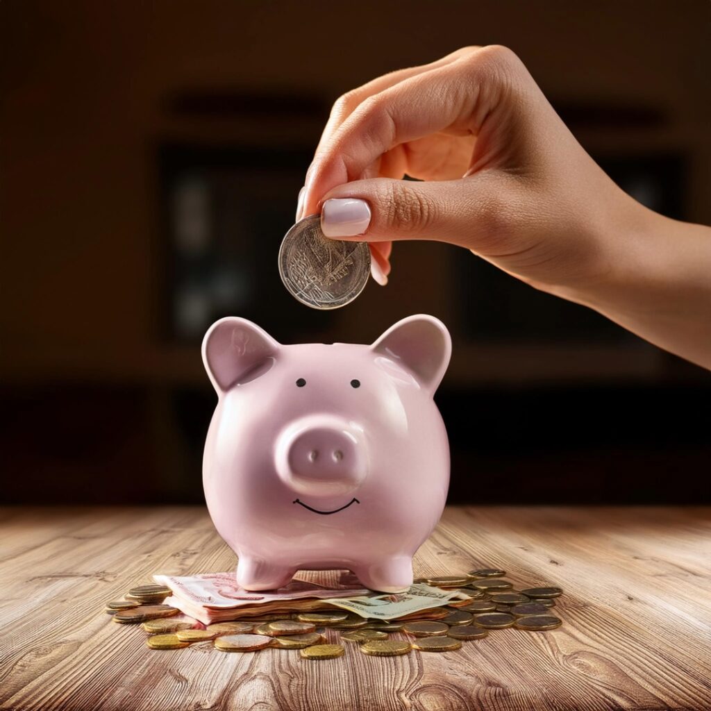 woman placing a coin in a piggy bank